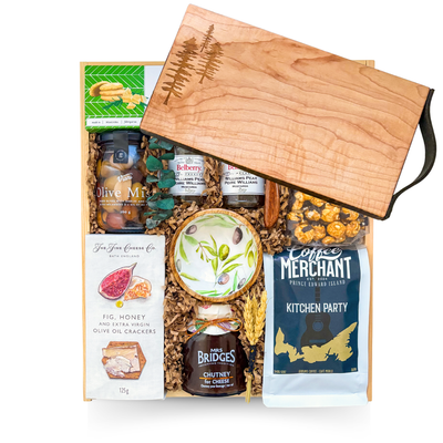 Kitchen Party gourmet gift box featuring artisan crackers, olives, gourmet accompaniments, coffee and serving accessories in a wooden keepsake box.