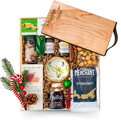 Holiday Kitchen Party Christmas gift box featuring gourmet crackers, olives, artisan accompaniments, coffee and entertaining essentials in a wooden keepsake box.