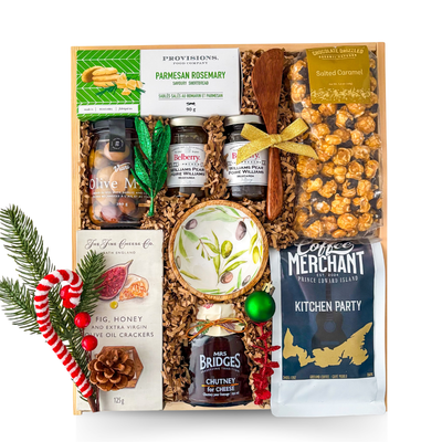 Holiday Kitchen Party Christmas gift box featuring gourmet crackers, olives, artisan accompaniments, coffee and entertaining essentials in a wooden keepsake box.