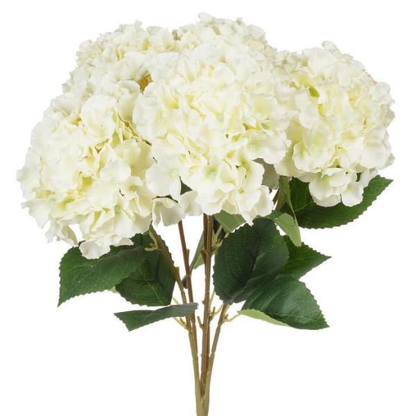 White faux hydrangea bouquet with five realistic artificial blooms, ideal for elegant home décor, office spaces, and floral arrangements.