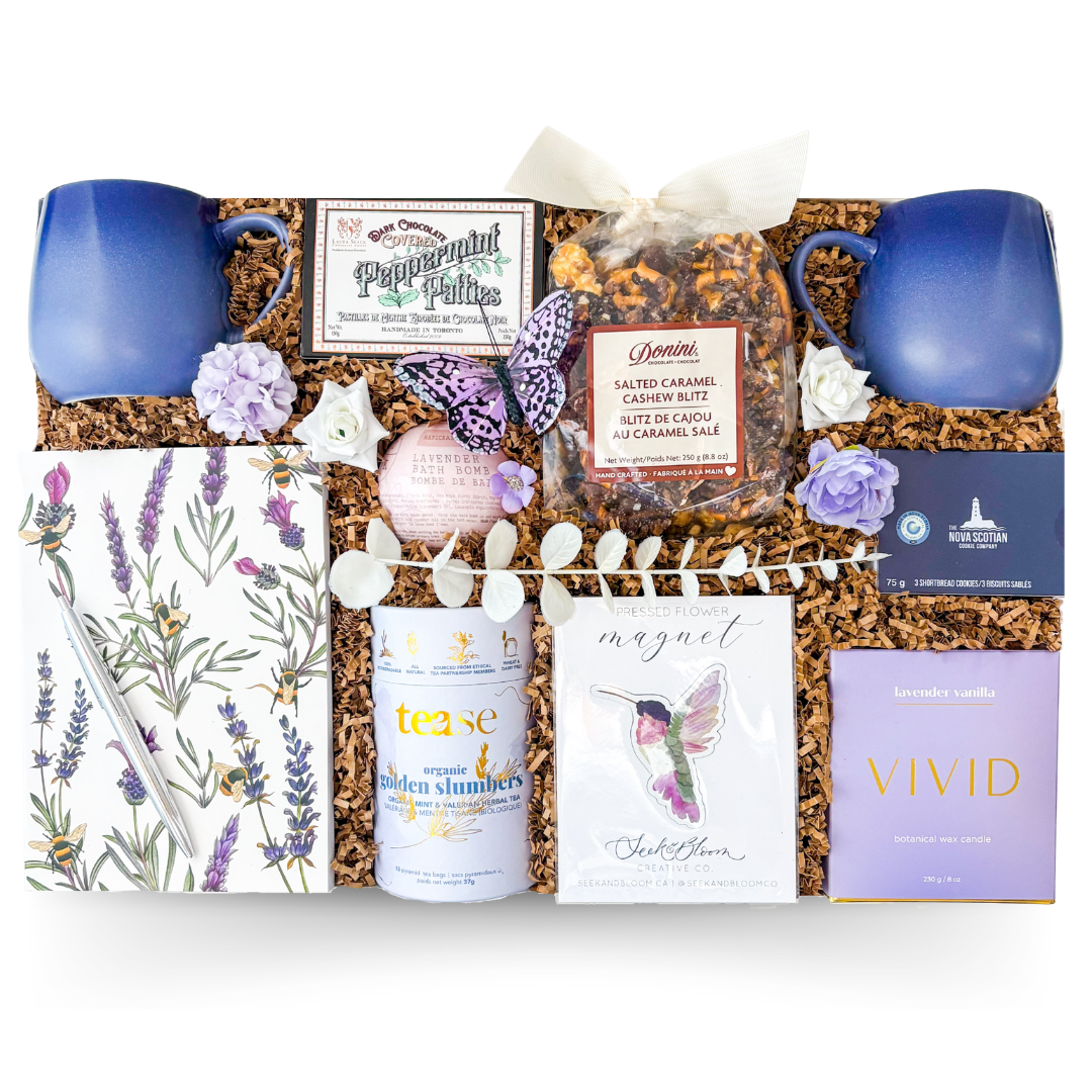 Lavender Retreat luxury gift box with tea, mugs, candle and self care items by Black Bow Gift Co.
