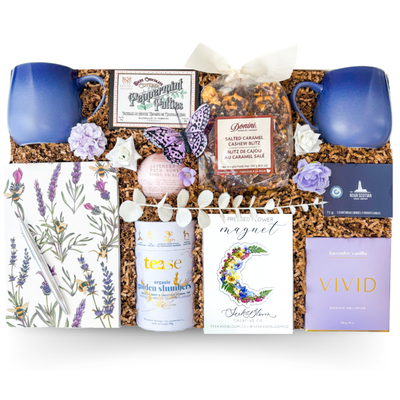 Lavender Retreat luxury gift box with tea, mugs, candle and self care items by Black Bow Gift Co.