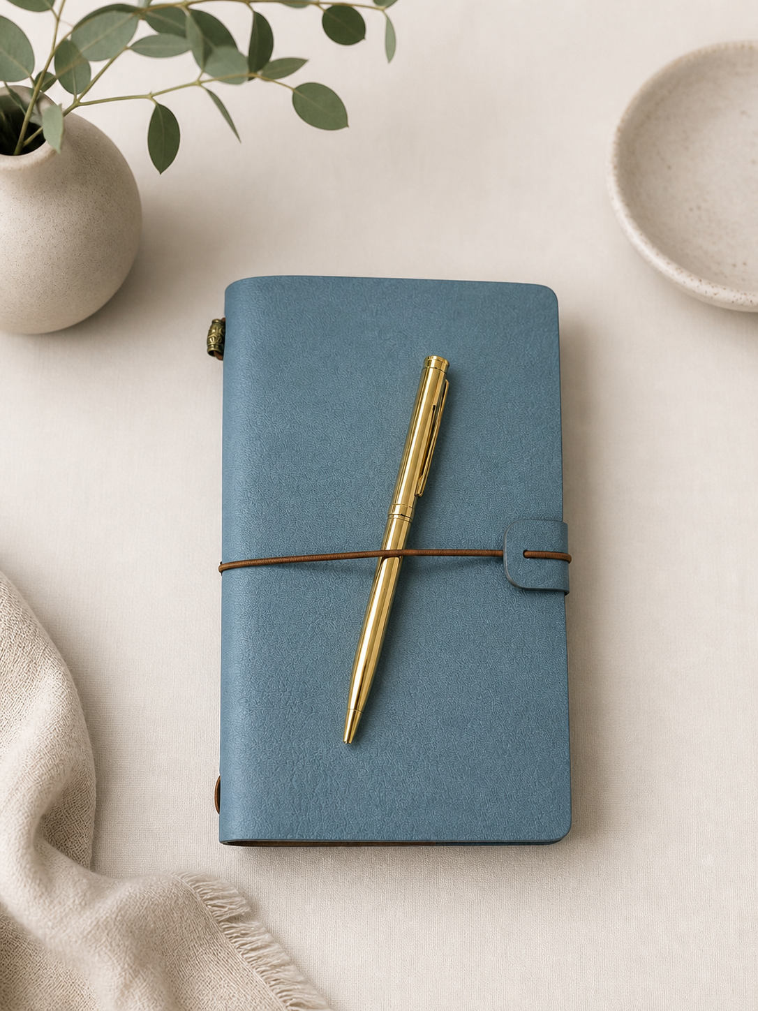 Compact PU leather notebook with a soft-touch cover and minimalist strap closure, ideal for journaling, notes, organization, and corporate gifting.