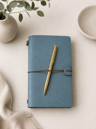 Compact PU leather notebook with a soft-touch cover and minimalist strap closure, ideal for journaling, notes, organization, and corporate gifting.