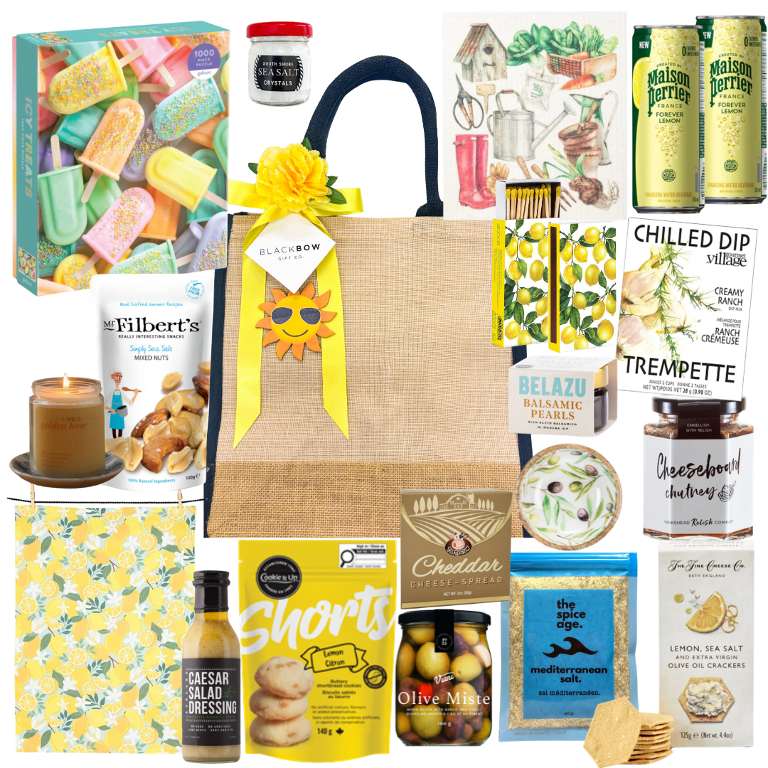 Lemon & Leisure summer gift tote with lemon-themed treats, Mediterranean snacks, crackers, olives, dips, sparkling beverages, and optional puzzle add-on for family gifting.
