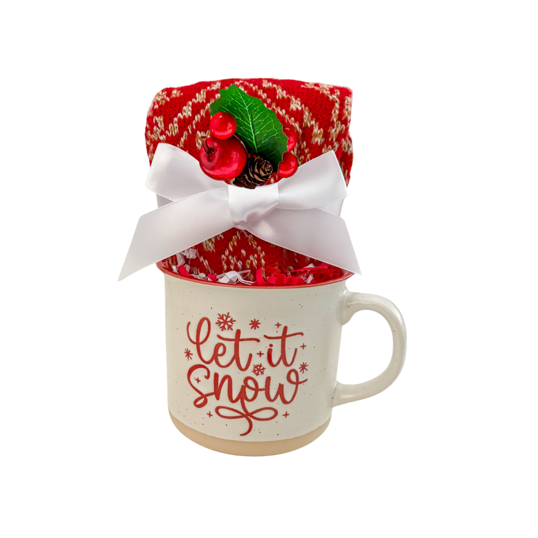 Let It Snow gift with red Nordic socks and festive winter mug wrapped in cello.