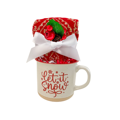 Let It Snow gift with red Nordic socks and festive winter mug wrapped in cello.
