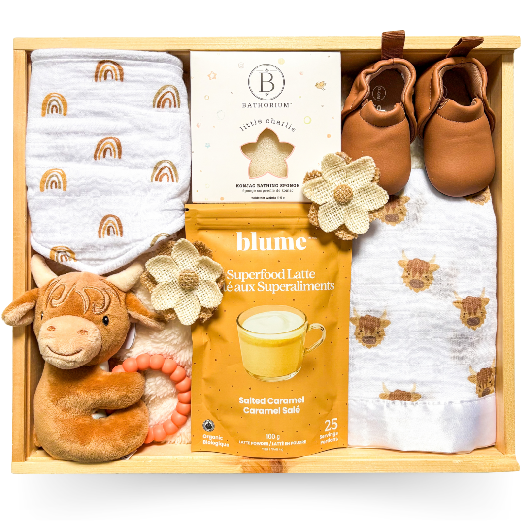 Baby gift set with items including a blanket, shoes, teether, and a package of snacks.