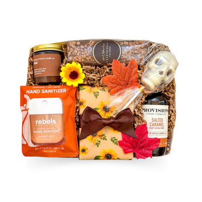 A Little Fall Fun gift box with salted caramel coffee syrup, fall candle, pumpkin spice hand sanitizer, chocolates, Halloween LEGO mystery mini puzzle and seasonal treats by Black Bow Gift Co.