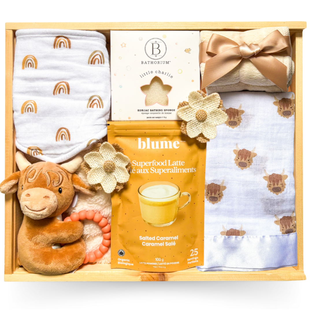 Baby gift set with items including a blanket, shoes, teether, and a package of snacks.