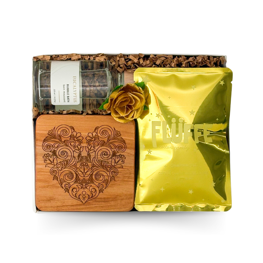 Love & Cheers romantic gift box with heart coasters, bubble bath and champagne treats by Black Bow Gift Co.
