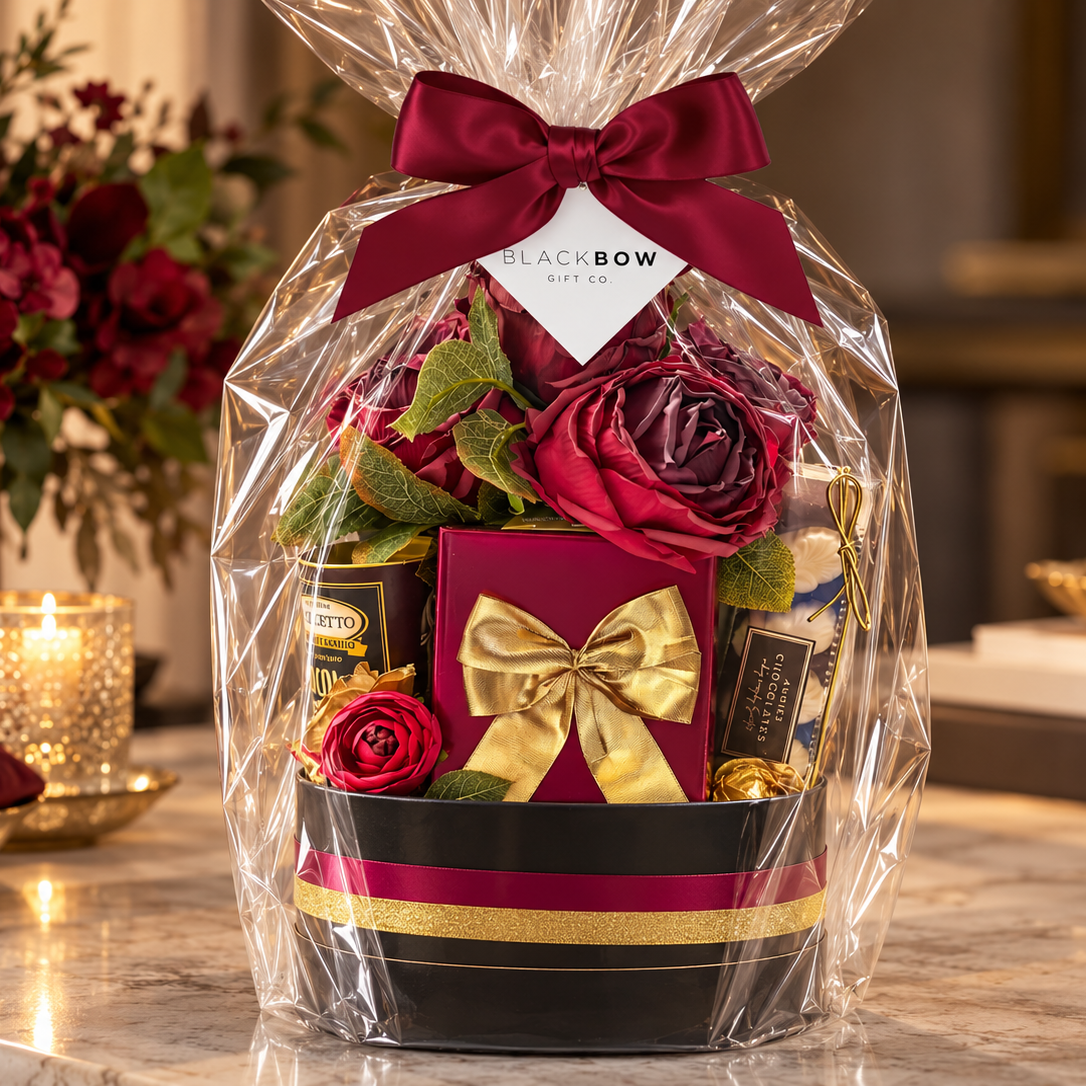 
Luxury chocolate indulgence gift basket featuring gourmet chocolates, elegant burgundy roses and gold accents, wrapped in cellophane with a burgundy satin bow and Black Bow Gift Co. tag.