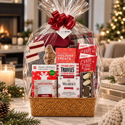 The Brr Basket holiday gift basket by Black Bow Gift Co., filled with cozy winter essentials and festive treats, wrapped in clear cellophane with a red bow, displayed in a luxurious Christmas living room.
