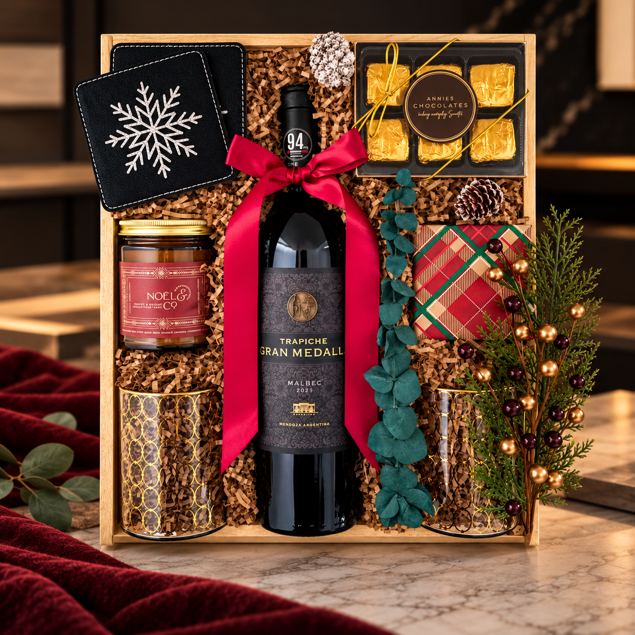 Luxury winter gift box featuring Trapiche Gran Medalla Malbec wine, gourmet chocolates, festive treats, snowflake coasters, and elegant holiday accents in a warm, sophisticated setting.