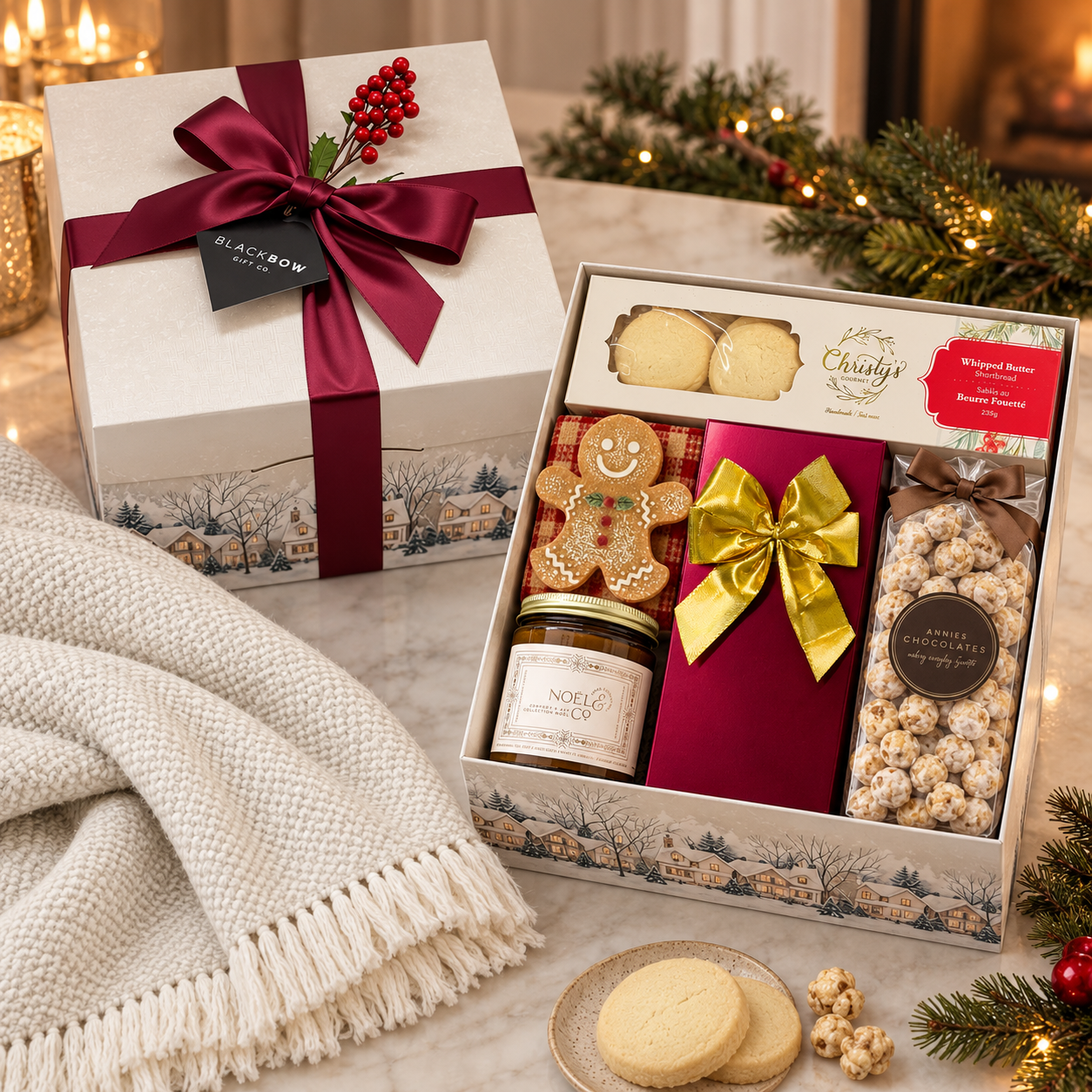 Luxury Christmas gift box by Black Bow Gift Co. featuring gourmet shortbread, chocolates, gingerbread ornament, candle and festive treats, displayed beside a burgundy ribbon-wrapped gift box and cozy ivory blanket in an elegant holiday setting.