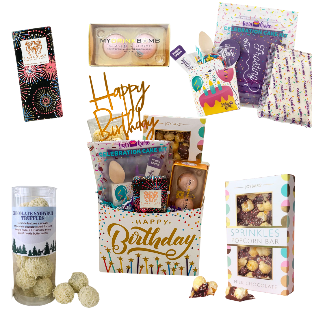 Birthday gift basket with cake, chocolates, truffles, and festive birthday treats, packaged in a happy birthday paper basket.
