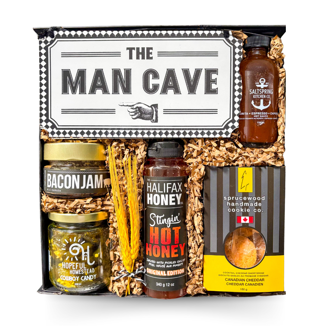 Gourmet gift box for him featuring hot honey, bacon jam, cowboy candy, artisan hot sauce, cheddar shortbread cookies, and elevated black-and-white presentation by Black Bow Gift Co.

