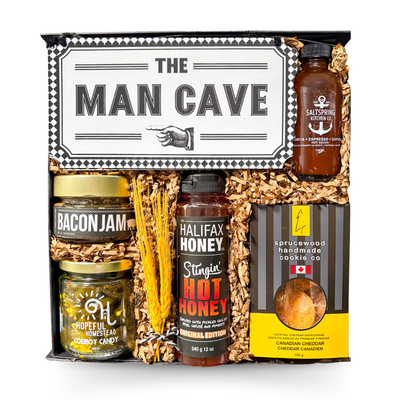 Gourmet gift box for him featuring hot honey, bacon jam, cowboy candy, artisan hot sauce, cheddar shortbread cookies, and elevated black-and-white presentation by Black Bow Gift Co.