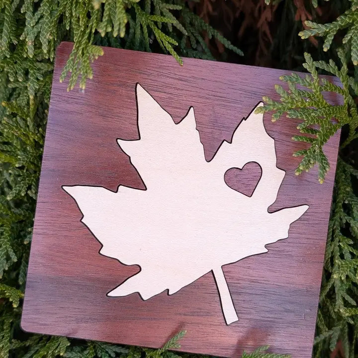Set of 2 Maple Leaf Wood Inlay Coaster