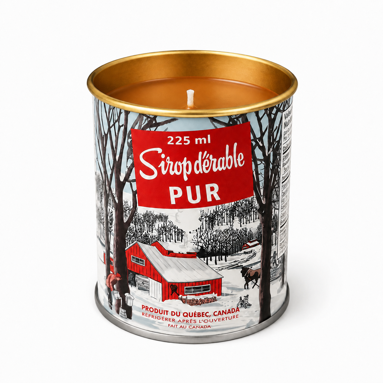 Maple syrup scented candle in a miniature Canadian maple syrup can with soy-blend wax and cotton wick.