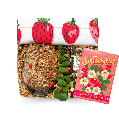 Strawberry Treats gift box with strawberry themed glass, tea towel and chocolate by Black Bow Gift Co.