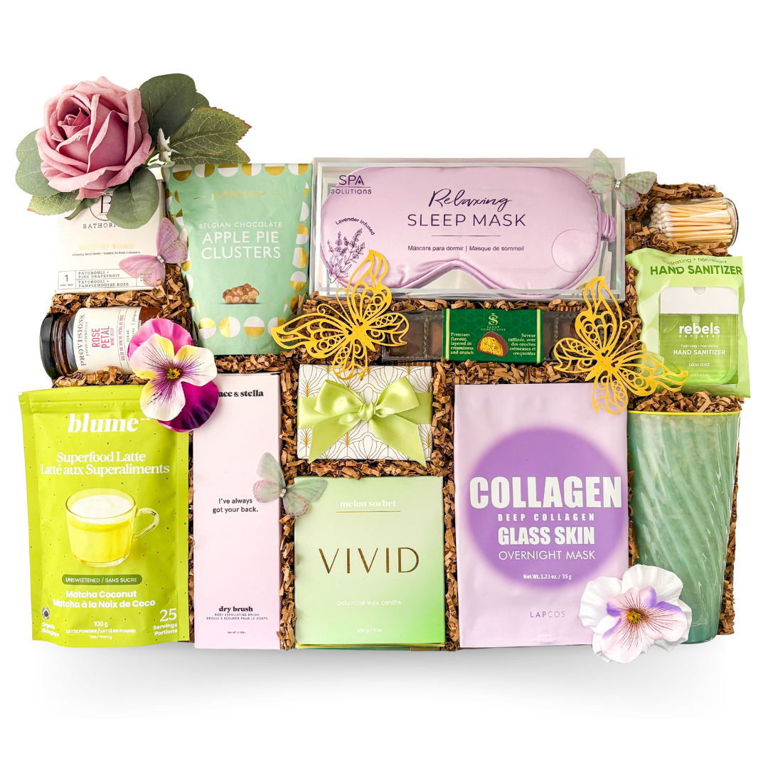 Self-Care Retreat luxury gift box with matcha, tumbler, self-care items and treats by Black Bow Gift Co.
