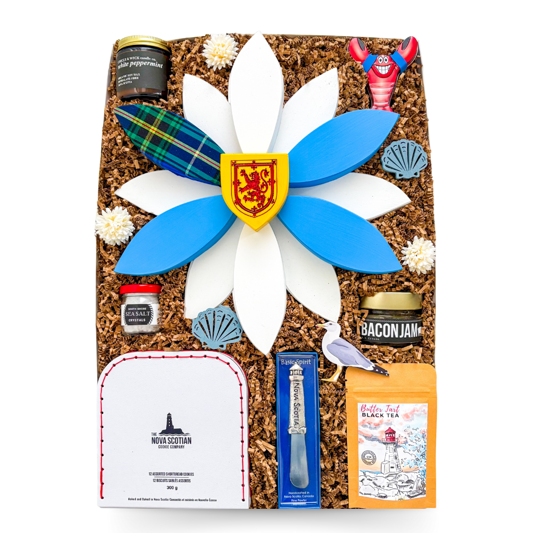 Nova Scotia–inspired gift with shortbreads, tea, and cozy indulgences styled for relaxed moments.