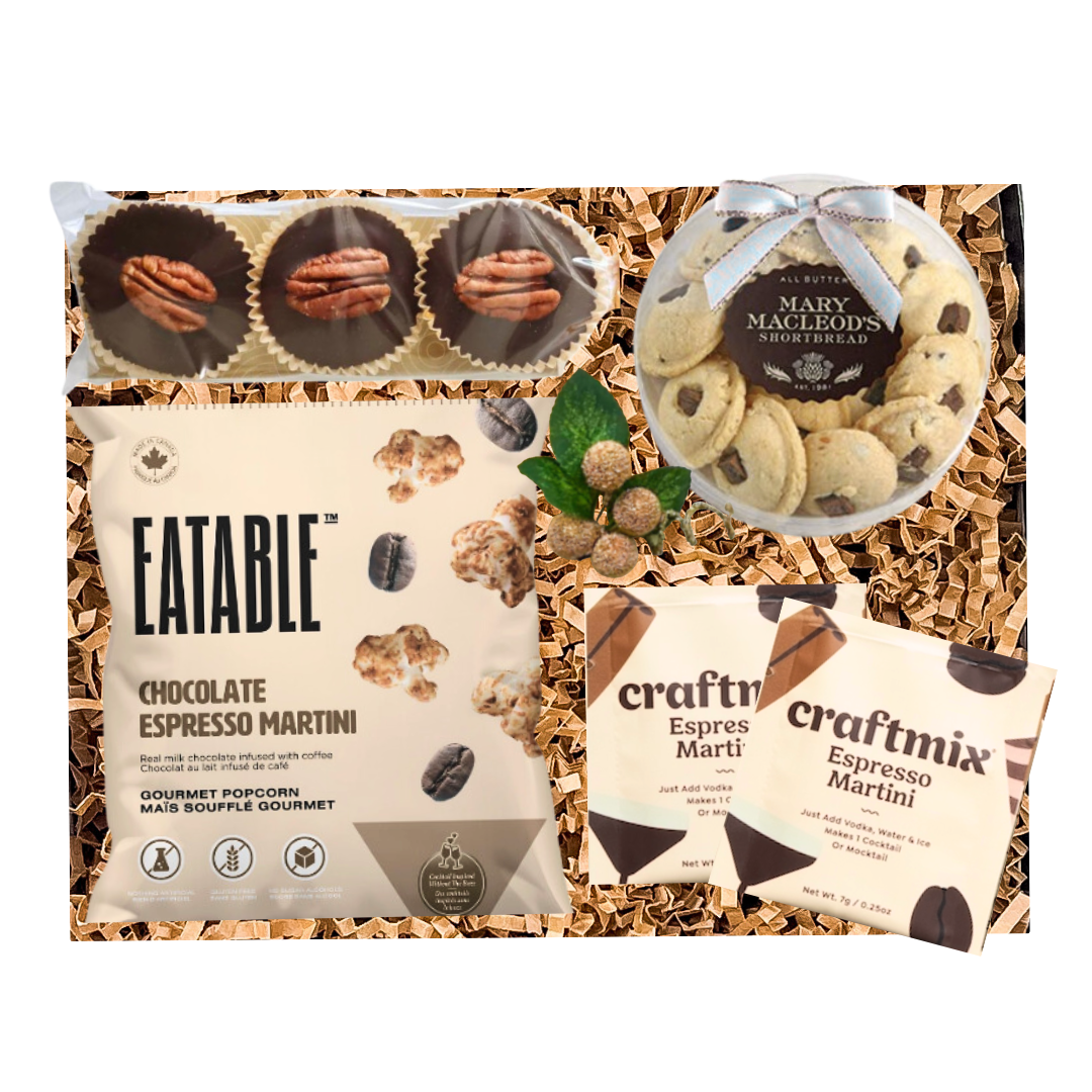Martini & Munch gourmet gift box with espresso martinis and chocolate treats — by Black Bow Gift Co.