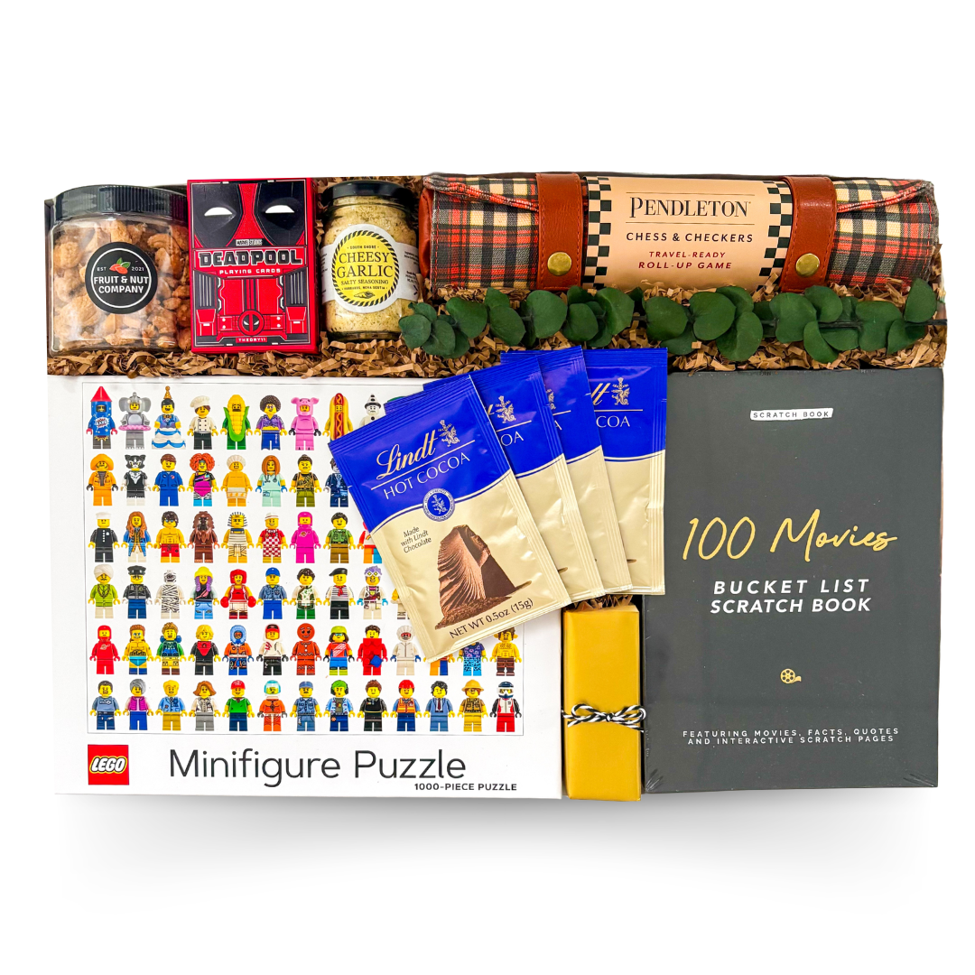 Luxury XL keepsake gift box filled with cozy comfort-food inspired treats, games, puzzles, relaxing activities, and playful coaster accents designed for unplugging, gathering, and meaningful moments during cozy nights in or cottage weekends.