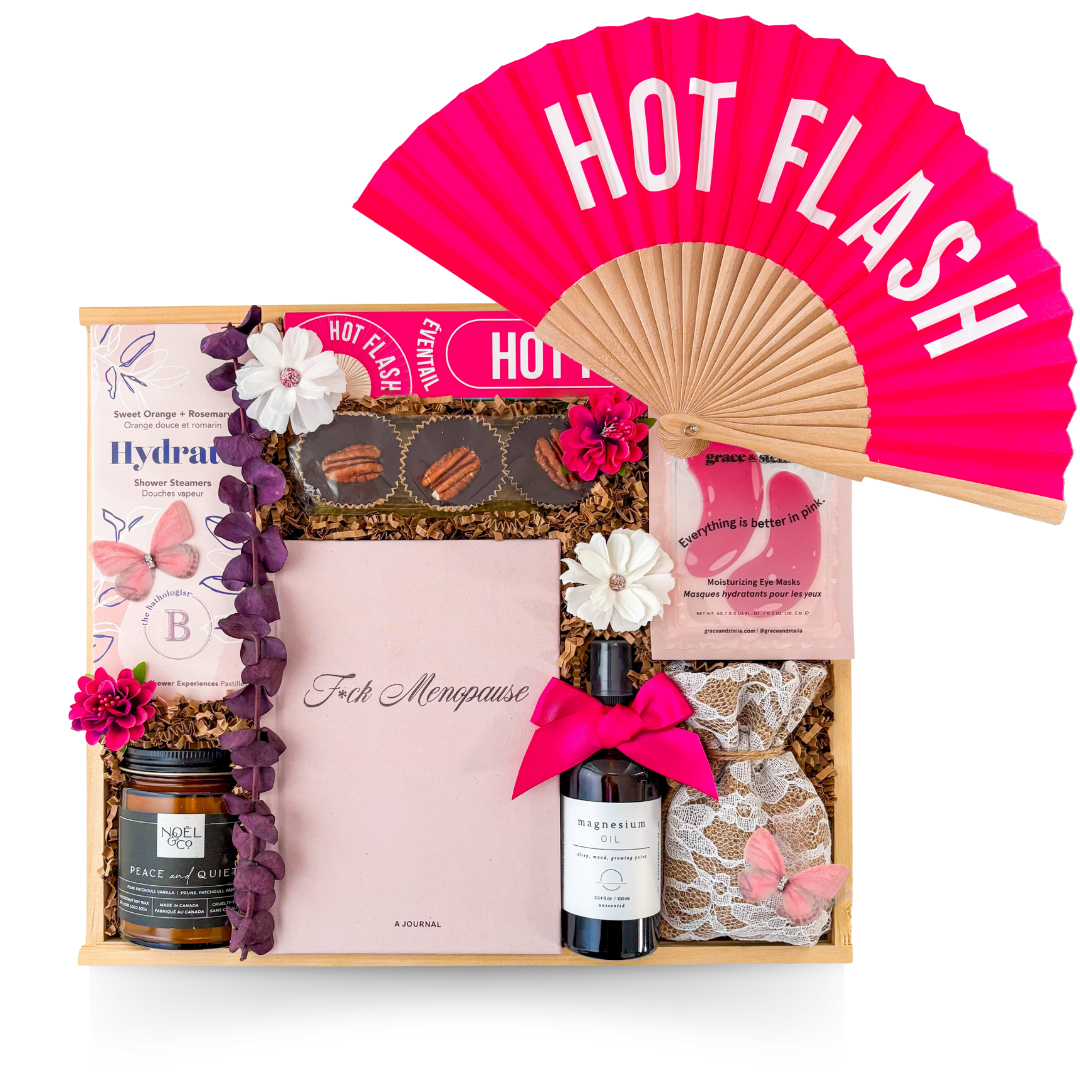 Pink-toned menopause survival gift in a wood box with comforting and playful feminine accents. Perimenopause
