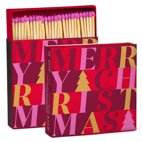 Merry Christmas decorative matchbox with colourful holiday artwork and 100 matches, ideal for candles, fireplaces, fire pits and festive décor.
