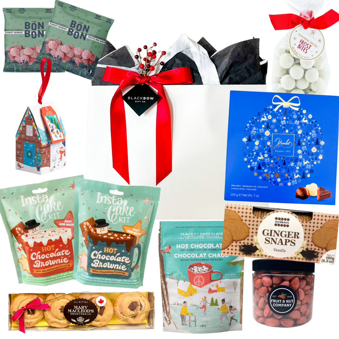 Merry Moments holiday gift tote with sweet treats and festive surprises in a paper linen bag