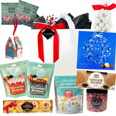 Merry Moments holiday gift tote with sweet treats and festive surprises in a paper linen bag