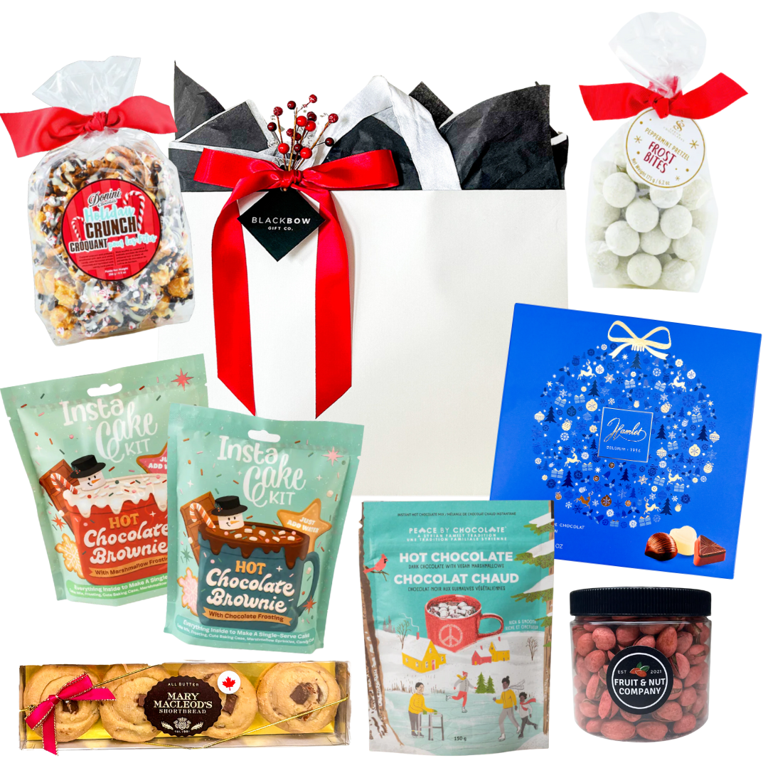 Merry Moments holiday gift tote with sweet treats and festive surprises in a paper linen bag