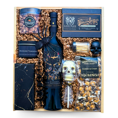 Midnight Indulgence luxury wine and chocolate gift box with candlelight accents, keepsake details, and optional tarot cards by Black Bow Gift Co.