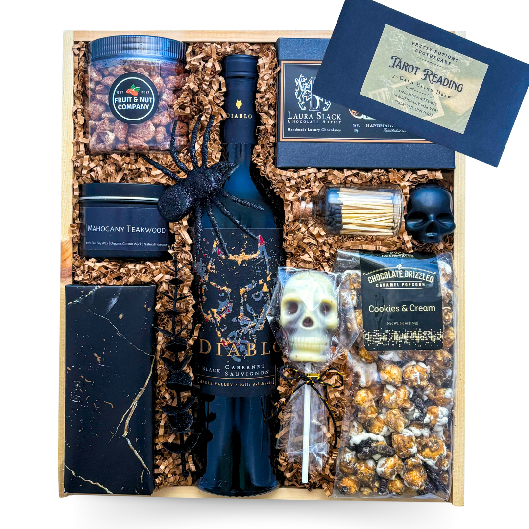 Midnight Indulgence luxury wine and chocolate gift box with candlelight accents, keepsake details, and optional tarot cards by Black Bow Gift Co.