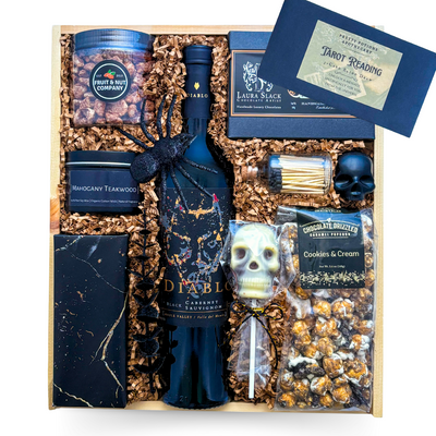 Midnight Indulgence luxury wine and chocolate gift box with candlelight accents, keepsake details, and optional tarot cards by Black Bow Gift Co.