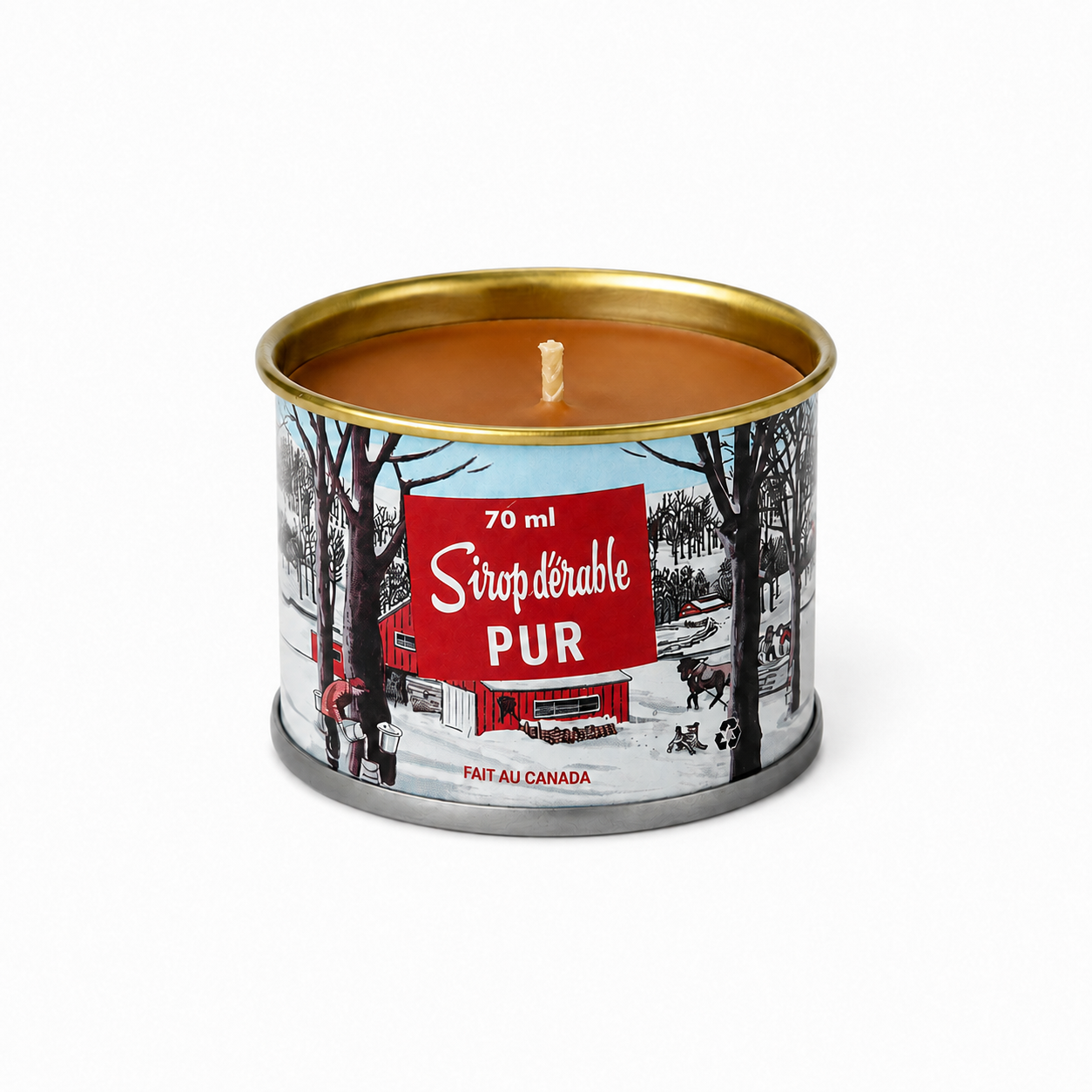 Mini 2.5 oz maple syrup scented candle in a Canadian maple syrup can design with soy-blend wax and cotton wick.