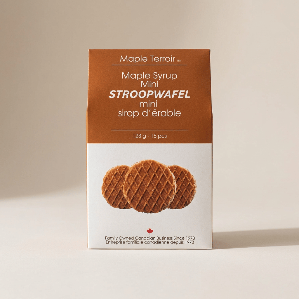 Mini Maple Terroir Maple Syrup Stroopwafels with Canadian ingredients and pure maple syrup.