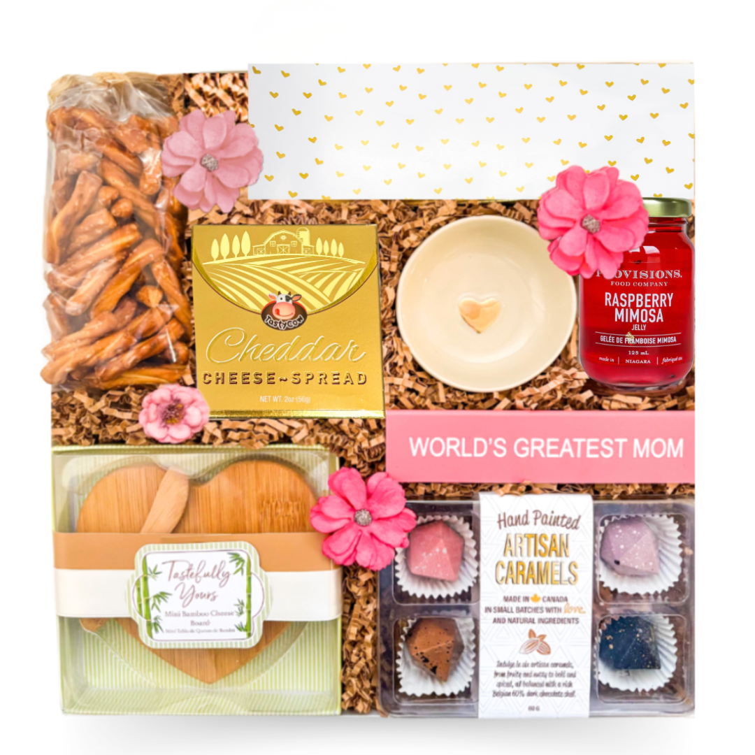 Mom’s Treat Box with gourmet snacks, wooden snack board and keepsake sign by Black Bow Gift Co.