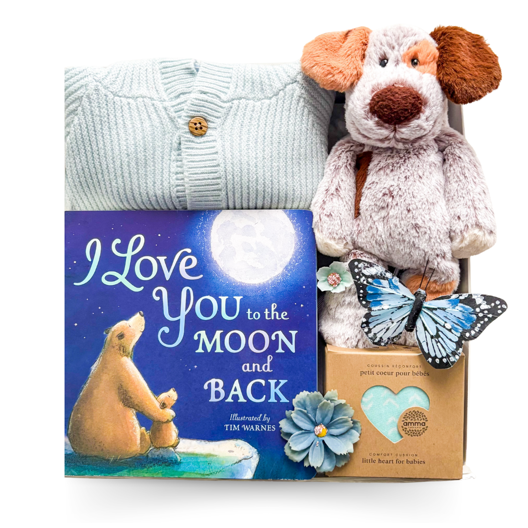 Moon & Back luxury baby gift box with knit baby items and blanket in a magnetic keepsake box by Black Bow Gift Co.
