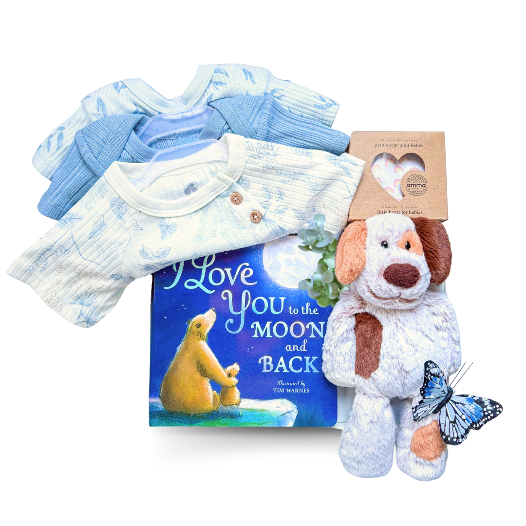Moon & Back luxury baby gift box with knit baby items and blanket in a magnetic keepsake box by Black Bow Gift Co.
