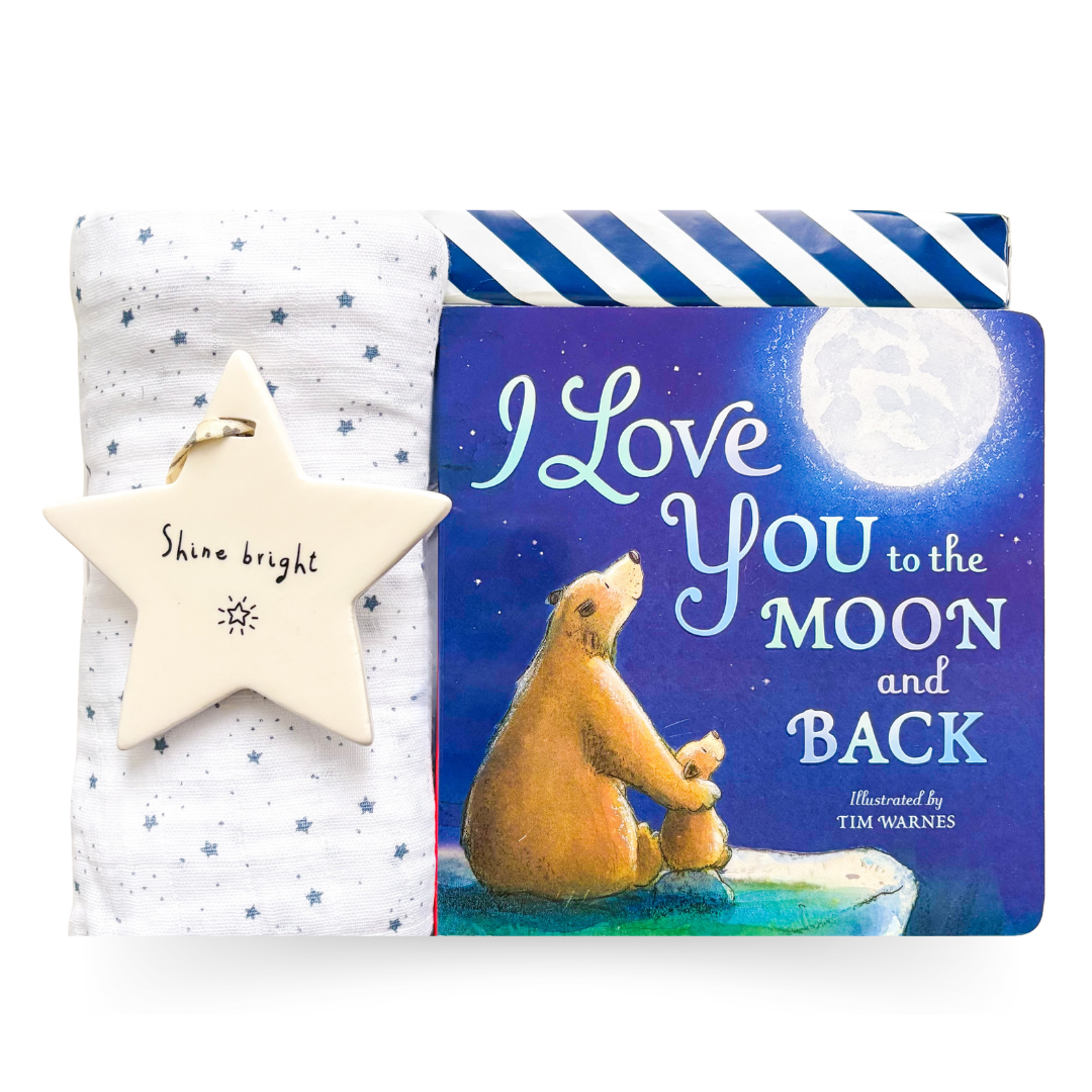 Moon & Stars baby gift box with muslin blanket, storybook and newborn sleeper by Black Bow Gift Co.
