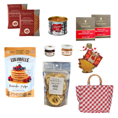 Morning Favourites breakfast gift basket featuring gourmet pancake mix, maple treats, tea and breakfast favourites in a reusable red gingham basket.