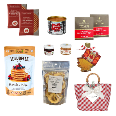 Morning Favourites breakfast gift basket featuring gourmet pancake mix, maple treats, tea and breakfast favourites in a reusable red gingham basket.