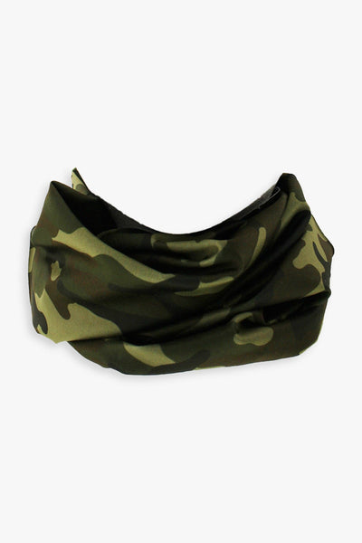 Camouflage multi-function bandana designed for versatile wear as a face covering, scarf, headband, neck gaiter, wristband, or balaclava.
