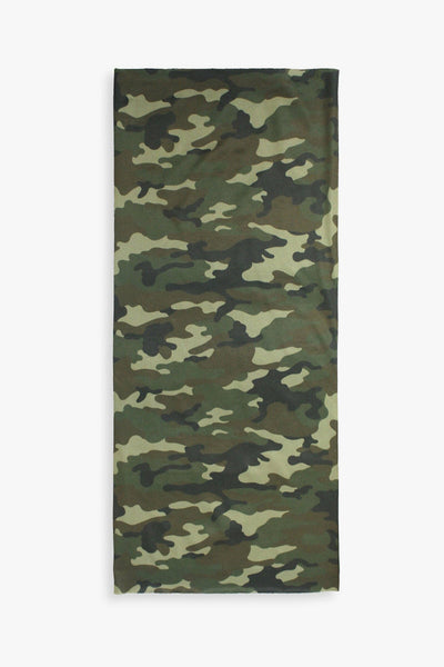 Camouflage multi-function bandana designed for versatile wear as a face covering, scarf, headband, neck gaiter, wristband, or balaclava.