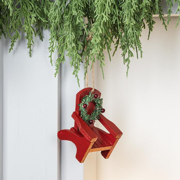 Red Muskoka chair ornament with wreath, Canadian cottage Christmas decoration