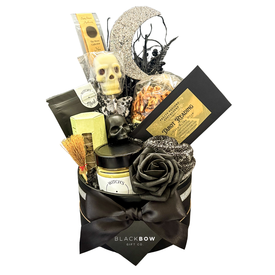 Mystic Boo Basket mailer gift with cozy fall accents, witchy details, and Halloween-inspired treats for a seasonal surprise