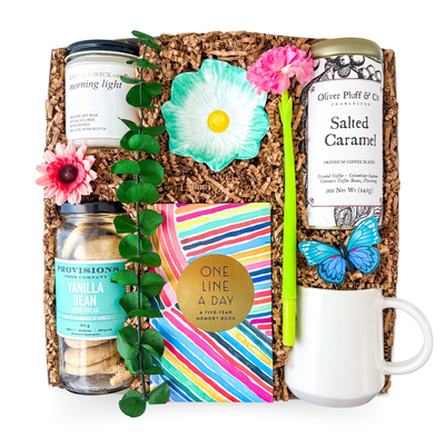 New Chapter Box colourful gift box with journal, candle and treats in a luxury gift box by Black Bow Gift Co.